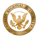 A golden seal for the D.R.A. with black text on it that reads Delta Regional Authority. Alabama, Arkansas, Illinois, Kentucky, Louisiana, Mississippi, Missouri, Tennessee. The states are members of the D.R.A.